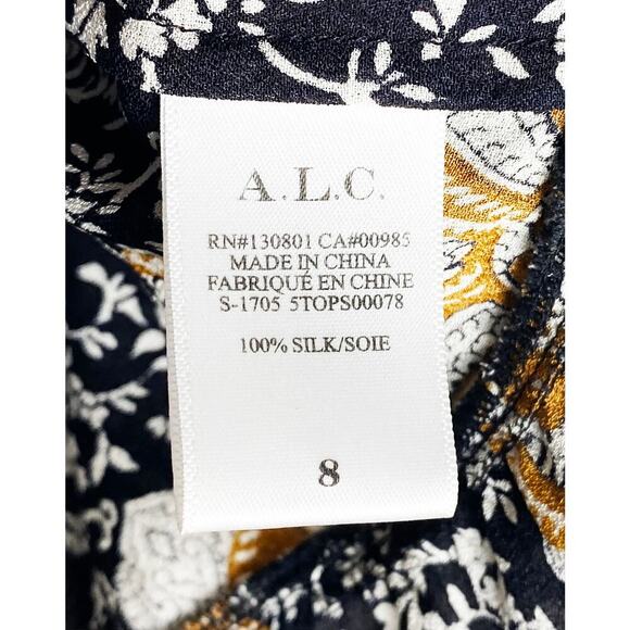 A.L.C. Women's Floral Lox Silk Top Black Gold Keyhole/V Neck Long Sleeve Peplum - Picture 12 of 13